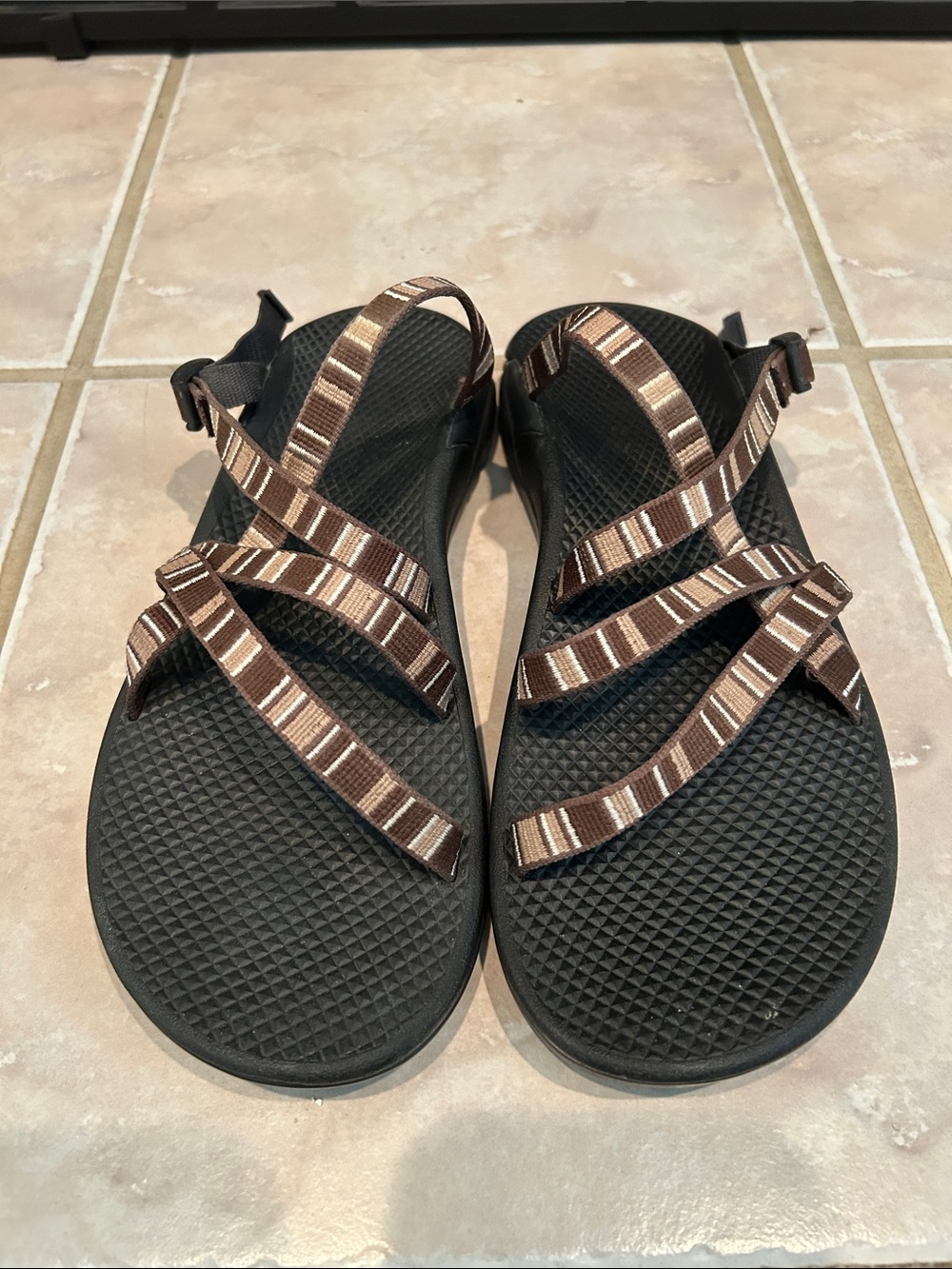 Chaco Black Sandals with Brown Striped Webbing